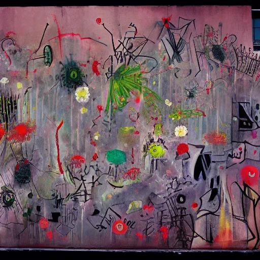 Image similar to by roberto matta, by david aja. this street art is a large canvas, covered in a wash of color. in the center is a cluster of flowers, their petals curling & twisting in on themselves. the effect is ethereal & dreamlike, & the overall effect is one of serenity & peace.