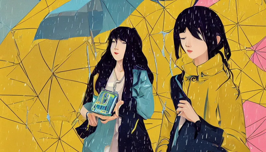 Image similar to girl in a yellow coat standing in the rain holding a small pocket watch, thick outlines, bright colors, geometric shapes, digital art, hard edges, detailed, anime style, art by sora kim, rinotuna, ilya kuvshinov