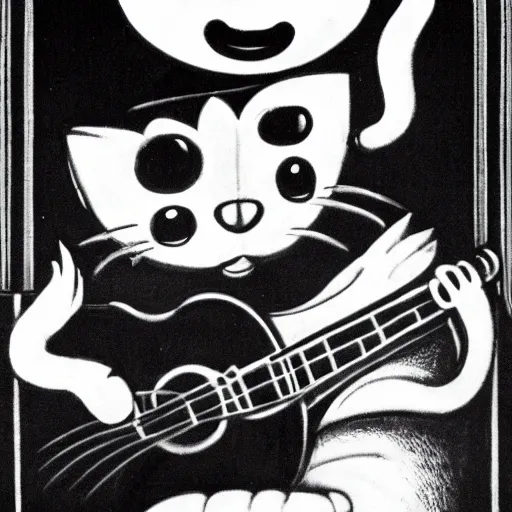 Image similar to cat playing guitar, rubber hose, felix the cat, pie eyes, 1 9 3 0 s, bw