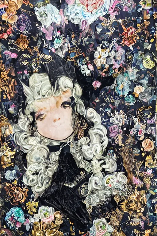 Image similar to black leather and embroidered Lolita dapper bespoke avant-garde tuxedo in velvet, black and gold rich color, dramatic cinematic lighting, featured on Artstation, extremely detailed by Lisa Frank