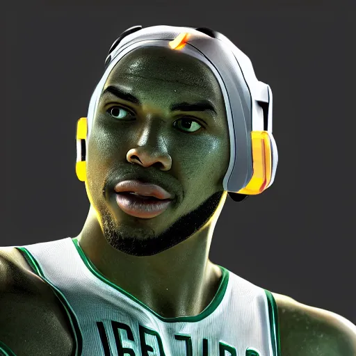 Prompt: boston celtic's Jaylen Tatum as a cyborg humanoid, digital art, trending on artstation, octane render