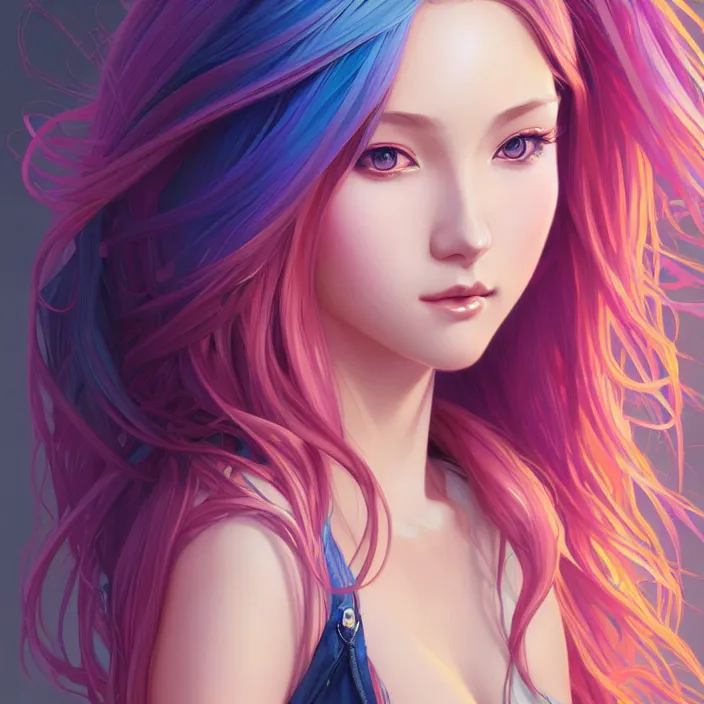 Image similar to portrait of beautiful symmetrical anime girl, rainbow hair, attractive, casual, modern, victoria's secret, highly detailed, digital painting, artstation, concept art, smooth, sharp focus, illustration, art by artgerm, greg rutkowski and alphonse mucha, 8 k,