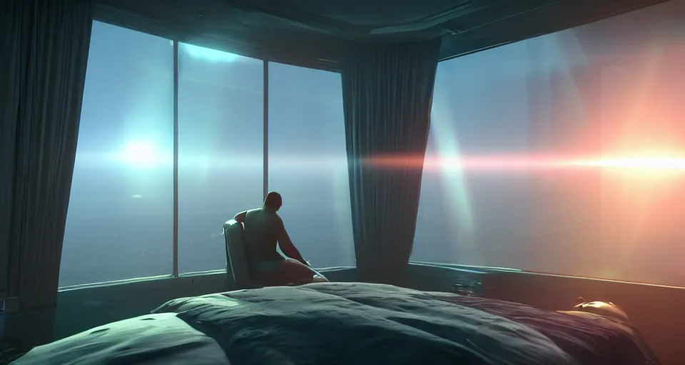 Image similar to moody sci-fi bedroom high up in the stratosphere with a man looking out his window at the world below, lens flare, atmosphere, glow, unreal engine 5, full of color, trending on artstation, ultra high detail, ultra realistic, cinematic, focused, 8k