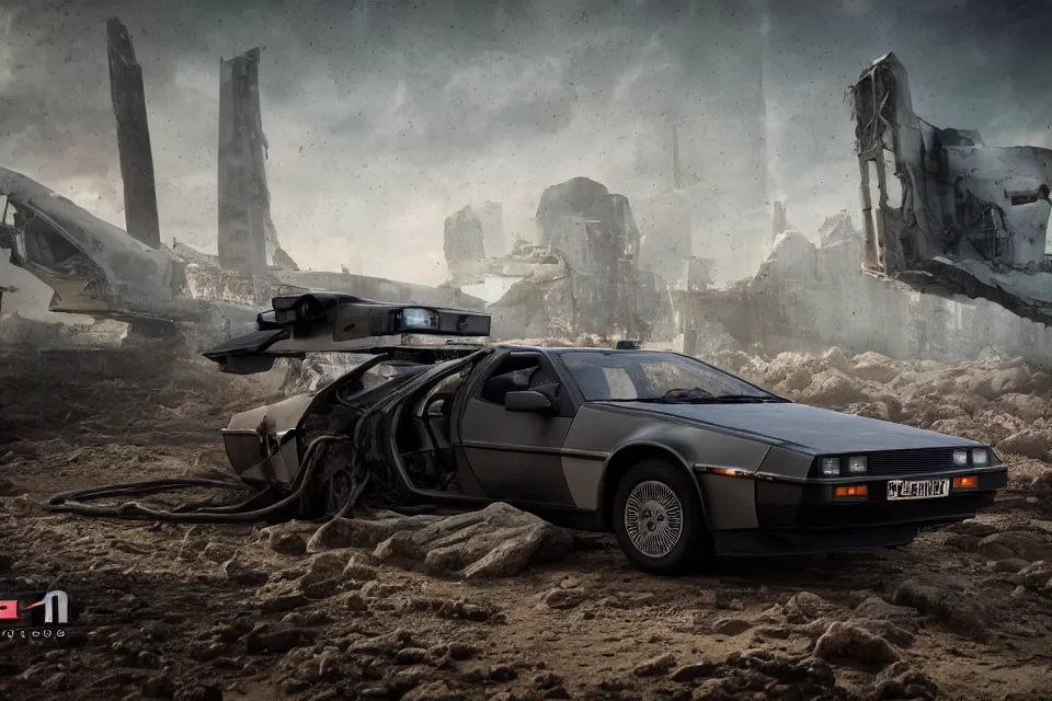 Image similar to delorean dmc 5 next to ancient space ship wreck horror, dark cinematic, volumetric, realistic, 3 d render, realistic render, cinematic lighting, volumetric lighting, atmospheric, cinematic, unreal engine, unreal engine render, octane render, hd, photorealism, hyper realistic, photo, 8 k