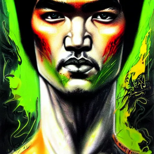 Image similar to a demon slayer portrait of bruce lee, tall, pale - skinned, and slender with lime green eyes and long eyelashes by stanley artgerm, tom bagshaw, arthur adams, carne griffiths, trending on deviant art, street art, face enhance, chillwave, maximalist, full of color, glittering