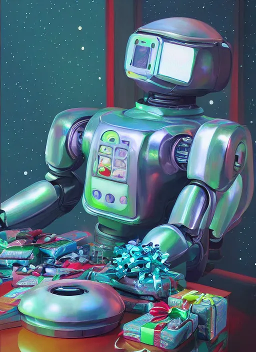 Prompt: robot from future, asleep at christmas. surrounded by gifts. high quality detailed face. oil painting by beeple