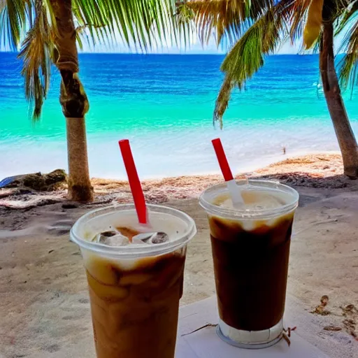 Image similar to 2 monkeys having iced coffee at a beach in the puerto rico