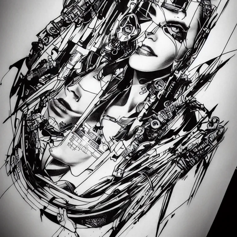 Image similar to cyberpunk black and white tattoo design, stencil, by artgerm,