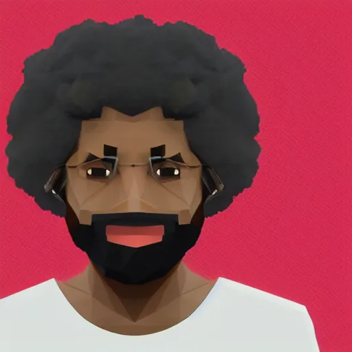 Image similar to low polygon render of a black man with afro hair and raspy bear stubble, high quality, clean, sharp