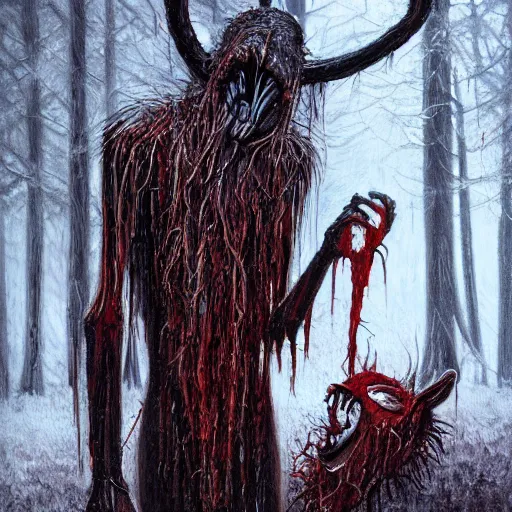 Prompt: humanoid wendigo feasting on a bloody dear, located in a snowy dark forest, horror, forboding, oil painting, style of seb mckinnon