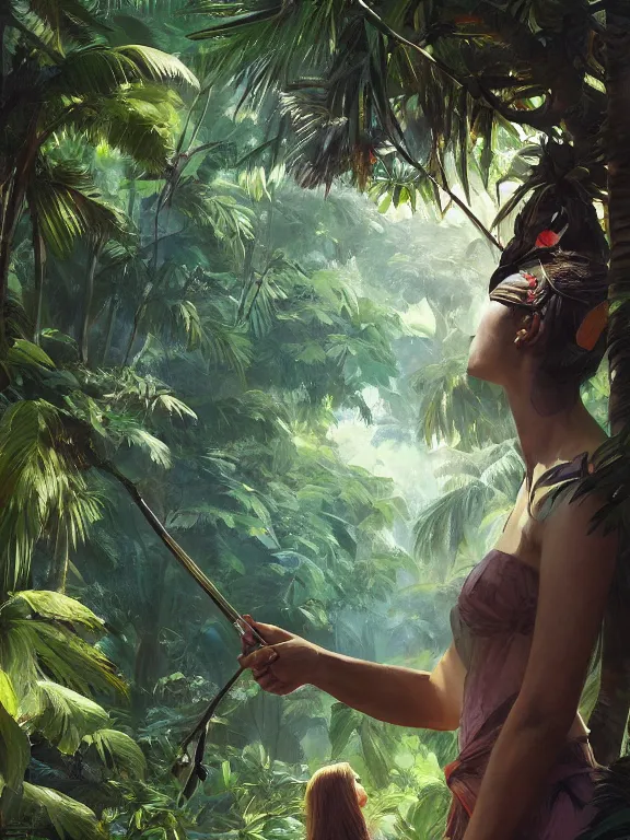 Prompt: an ultradetailed beautiful portrait painting of an explorer marching in a tropical jungle, side view, oil painting, high resolution, by ilya kuvshinov, greg rutkowski and makoto shinkai