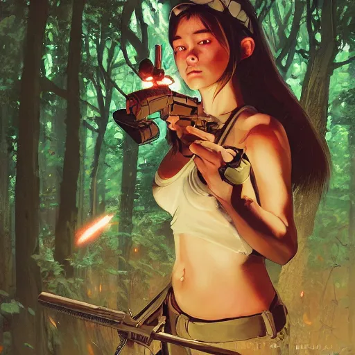 Image similar to dark scene of a tiny squirrel warrior holding blasters, surrounded by glowing eyes in the forest, realistic shaded lighting poster by ilya kuvshinov katsuhiro otomo, magali villeneuve, artgerm, jeremy lipkin and michael garmash and rob rey