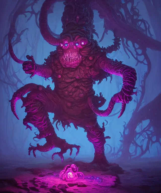 Image similar to a xanathar made of bioluminescence slimy skin, fantasy, elegant, crisp 8 k line art, digital painting, artstation, unreal engine, octane render, emissive lighting, concept art, matte, sharp focus, hyper realistic lighting, illustration, deep royal blue and pink color scheme, art by dave kendall