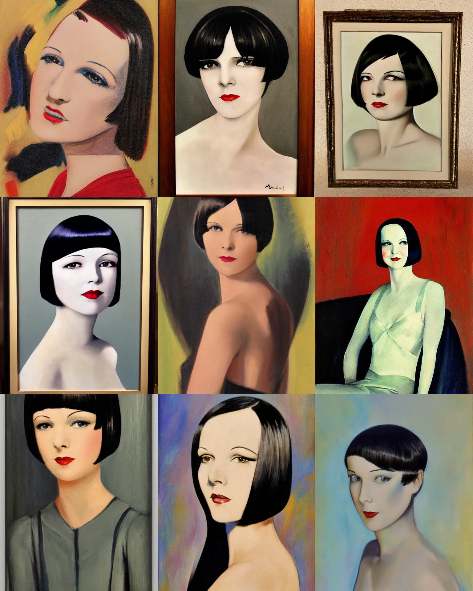 Prompt: painting of mary louise brooks 2 0 years old, bob haircut, portrait by robert mallet - stevens, 1 9 2 0 s, art decos