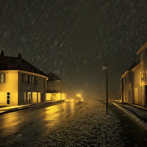 Image similar to snow dark rainy night, lights, swedish houses, cars driving on road, rain on screen, planes flying in sky, realistic, cinematic, raytracing, intense detail, artstation