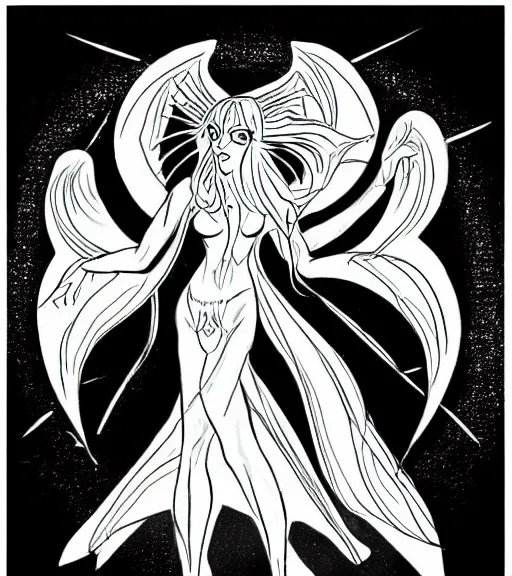 Prompt: godess of the night nyx in her primordial form in a shadwy position drawn in a cartoon style, high quality, mystical