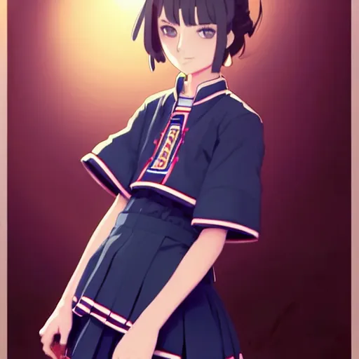 Image similar to a beautiful! boyish! natalie portman model, wearing catholic school girl outfit with mayan pattern and native style, jrpg aztec street fashion, gapmoe yandere grimdark, trending on pixiv fanbox, painted by greg rutkowski makoto shinkai takashi takeuchi studio ghibli, akihiko yoshida