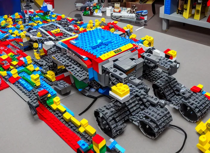 Image similar to a high-definition photograph of a huge robot built of Lego bricks and Lego motors