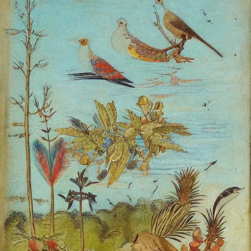 Prompt: A beautiful digital art of a bird in its natural habitat. The bird is shown in great detail, with its colorful plumage and intricate patterns. The background is a simple but detailed landscape, with trees, bushes, and a river. in Indonesia, voynich manuscript by William Henry Hunt turbulent, ornate