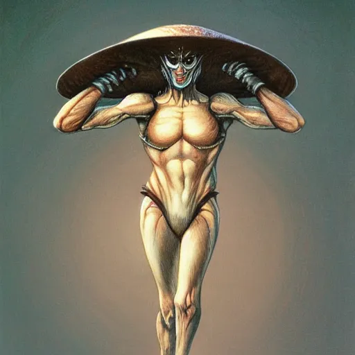 Image similar to full body portrait of an humanoid warrior mushroom, by Gerald Brom