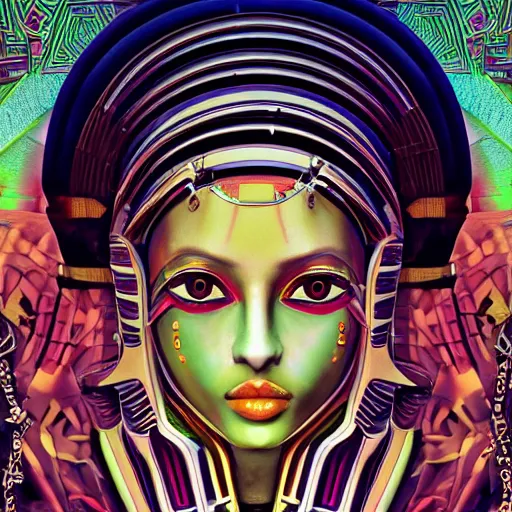 Prompt: a detailed portrait of a fashionable egyptian deity wearing cyberpunk hawaiian clothing in the style of escher and mobius, william blake, rembrandt, raphael, giger, artstation, award - winning art, 8 k, muted color scheme,
