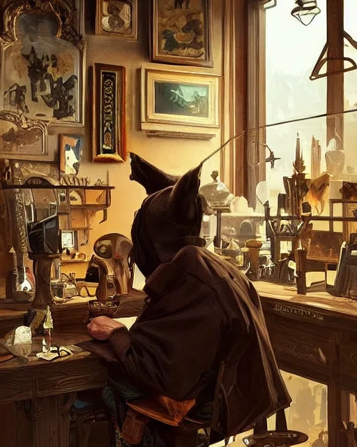 Image similar to brown black coat sitting in the old antique shop, deep focus, turnaround, pulp art, fantasy, intricate, elegant, highly detailed, digital painting, artstation, concept art, matte, sharp focus, illustration, hearthstone, art by rhads and artgerm and greg rutkowski and alphonse mucha.