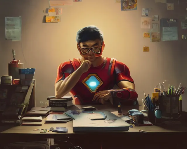 Image similar to an insanely detailed painting of a nerdy asian man wearing a superhero costume, sitting at a desk, staring at the nervously at the computer and typing, in the style of peter mohrbacher, dramatic lighting and composition, octane render, pixar, trending on artstation, concept art, comic book, view from behind