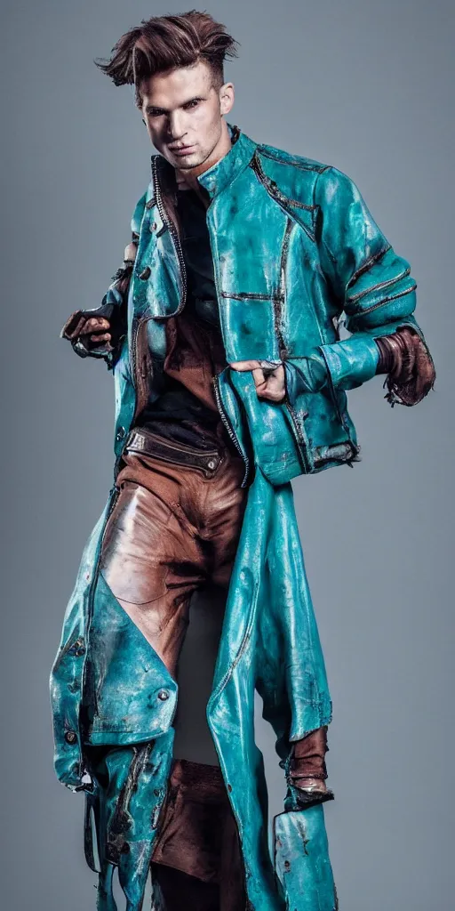 Prompt: an award - winning editorial photo of a male model wearing a teal distressed baggy medieval cropped leather menswear jacket, 4 k, studio lighting