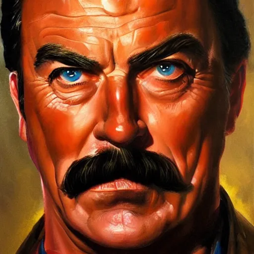 Image similar to ultra realistic portrait painting of tom selleck as dutch van der linde, art by frank frazetta, 4 k, ultra realistic, highly detailed, epic lighting