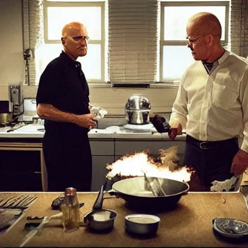 Image similar to “Very photorealistic screenshot of Joe Biden and Walter White cooking drugs in an episode of Breaking Bad, atmospheric lighting, award-winning”