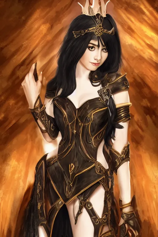 Image similar to young elf queen with long black hair, full body portrait, gorgeous, seductive, realistic, leather armor, leather gloves, digital art, high detail, lively, art by sakimi chan