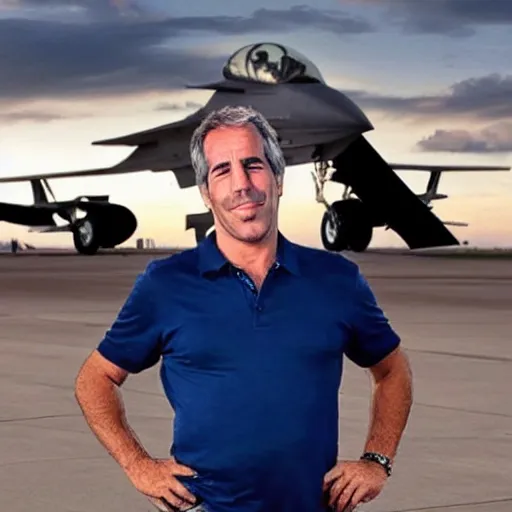 Image similar to happy jeffrey epstein, wearing a dark blue polo shirt, standing near fighter jet on an empty runway at dusk, high detail, volumetric lights, award winning photo