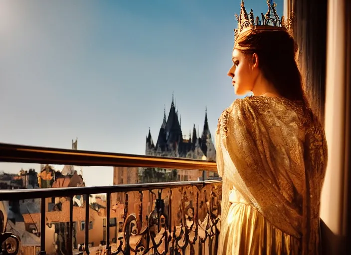 Image similar to a beautiful queen stands on a balcony overlooking a fantasy medieval gothic city, beautiful dramatic golden light and glow rays, 3 5 mm photography