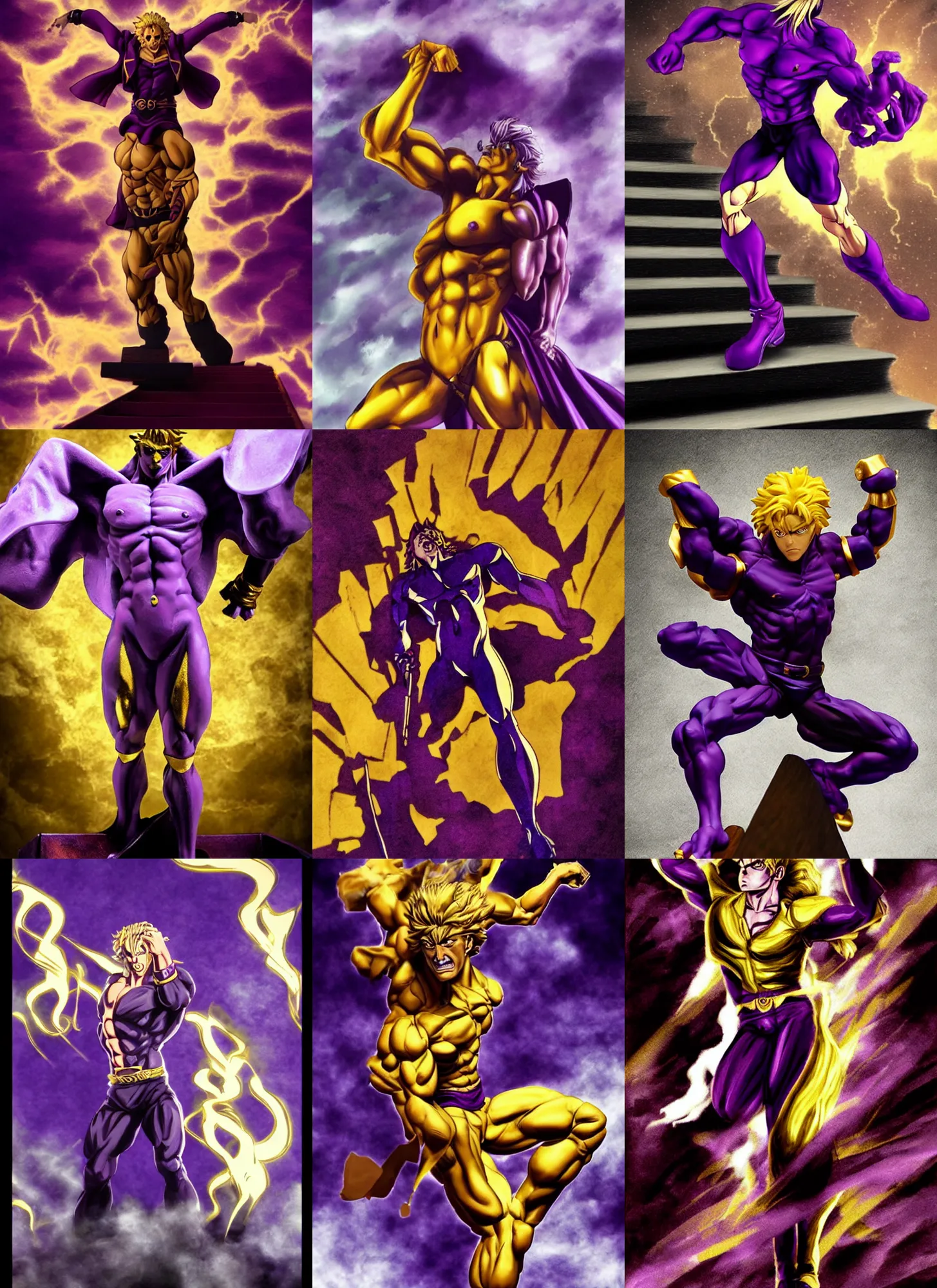 Prompt: DIO fron Jojo standing menacingly atop a flight of stairs, shitless, muscled body, exaggerated pose, dramatic rim lighting, highly detailed, sharp, smoke, vignette effect, purple and gold color scheme