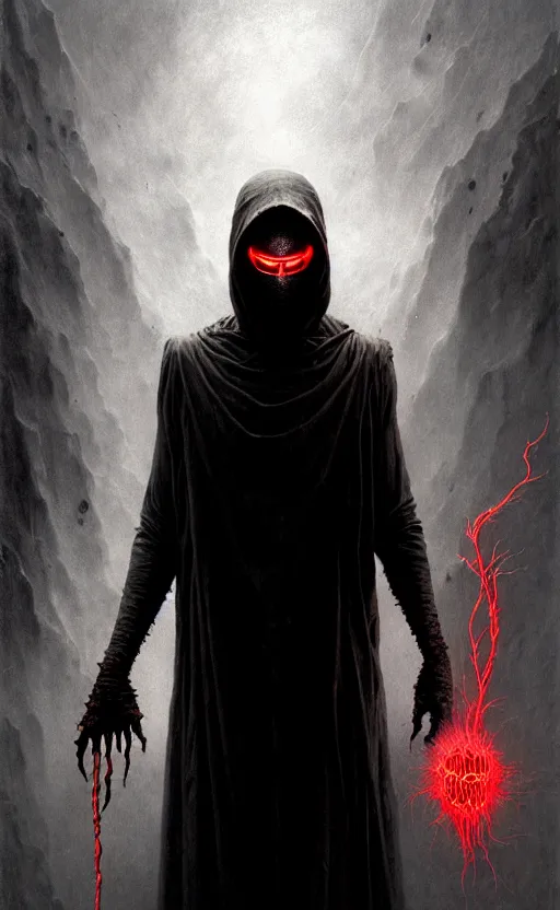 Image similar to a striking full body portrait of a pitch black masked eldritch shaman with sinister red eyes by moebius and beksinski and artgerm, detailed artwork, realism, 4 k resolution, detailed, high quality, sharp focus, hq artwork, insane detail, volumetric lighting, character concept art, fine details, tarot card, clear subject