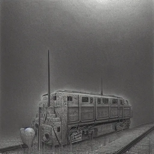 Prompt: Train Locomotive. Vacant. Desolation. Unsettling. Zdzisaw Beksinski