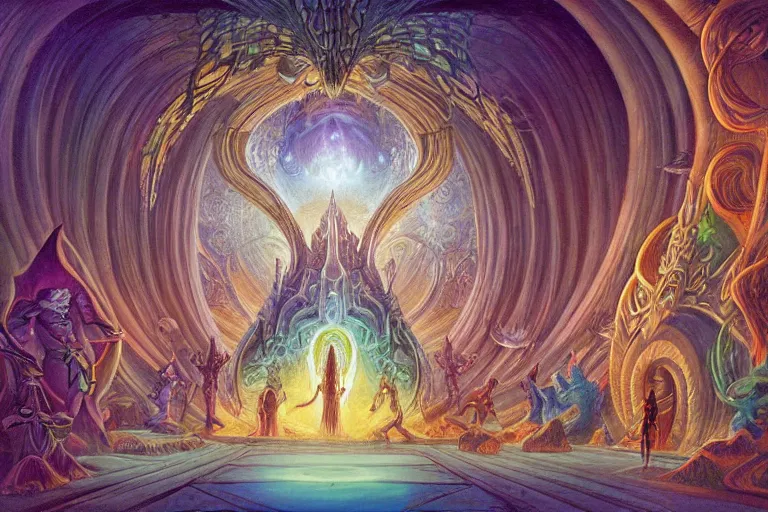 Prompt: suggestive mtg illustration by terese nielsen of a large group of people entering the glowing doorway of a massive vulva - shaped temple constructed of carved iridescent pearls and house - sized crystals of impossible architecture floating in the astral plane