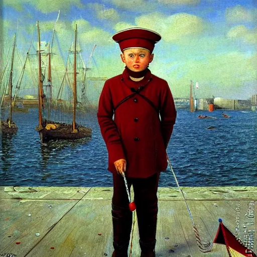 Prompt: painting of sailor boy hyperrealism vasily vereshchagin at harbor
