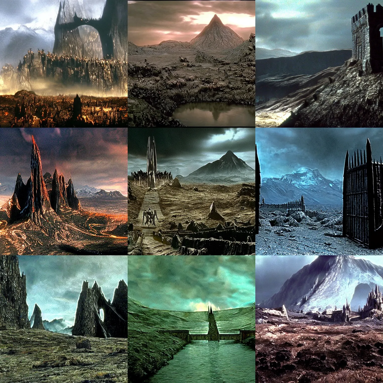 Prompt: The Black Gate in Mordor, landscape film still from the movie 'The Lord of the Rings: The Return of the King'