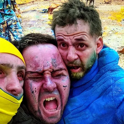 Image similar to the last selfie taken in ukraine after the nuclear war, the ukrainian in yellow and blue rags screaming and crying in pain, terrible terrible mutations and injuries, with a nuclear explosion next to it destroying everything in a second