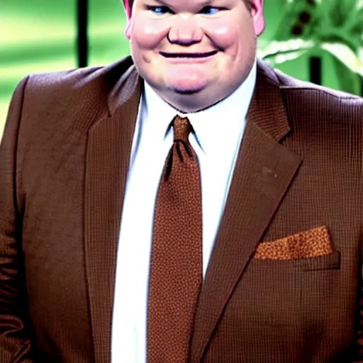 Image similar to Andy Richter is wearing a chocolate brown suit and necktie. Andy is standing inside a bathtub with the shower running over him. The suit and necktie are soaking wet.