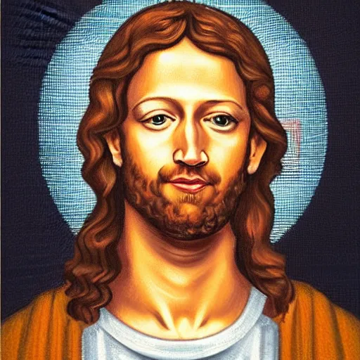 Image similar to mark zuckerberg depicted as jesus in a religious painting