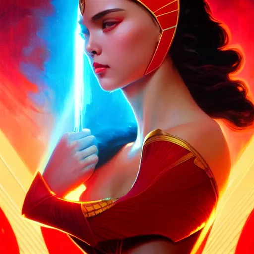 Image similar to catriona gray as darna, volumetric lights, red and cyan theme, art nouveau botanicals, intricate, highly detailed, digital painting, artstation, concept art, smooth, sharp focus, cinematic, illustration, beautiful face, art by artgerm and greg rutkowski and alphonse mucha