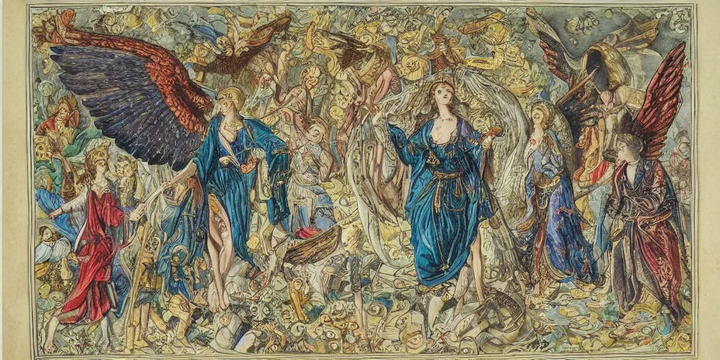 Image similar to an elegant archangel getting summoned from a group of temple knights, summoning circle, thunderstorm, highly intricate detailed colored ink drawing