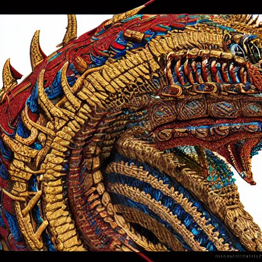 Image similar to a quetzalcoatl, trending on artstation, highly detailed, 8k, beautiful, dynamic lighting, detailed face, ornate armor, crochet skin