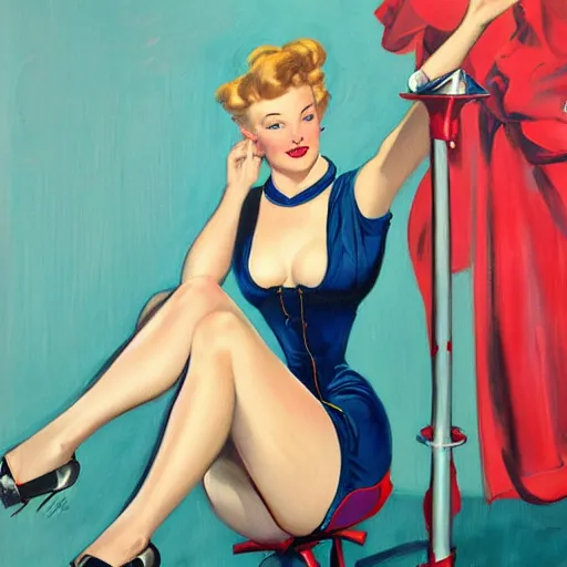 Prompt: a painting in the style of gil elvgren and in the style of james jean.