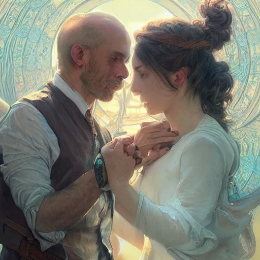 Image similar to portrait painting of couple kissing, ultra realistic, concept art, intricate details, eerie, highly detailed, photorealistic, octane render, 8 k, unreal engine. art by artgerm and greg rutkowski and alphonse mucha