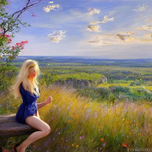 Prompt: blonde woman watching over the swedish countryside, archipelago, masterpiece, highly detailed, beautiful, atmospheric, impressionism, painting by Vladimir Volegov