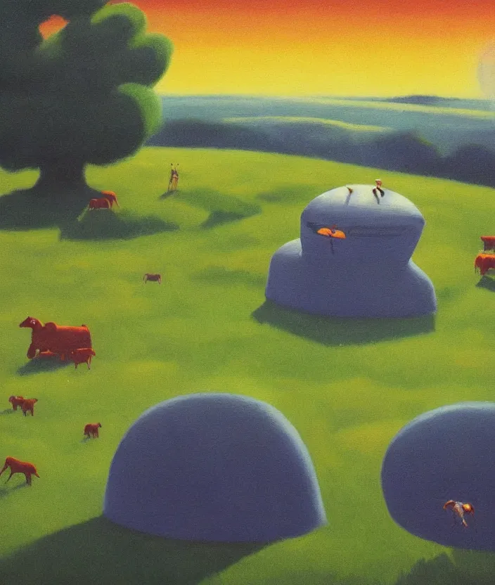 Image similar to a highly detailed painting of a stylized cartoon ufo over a meadow, there are cows on the meadow, one cow is being beamed up by an ufo, ufo has green light beam, very fine brush strokes, baby blue sky with aesthetic clouds, in the style of edward hopper, 4 k,