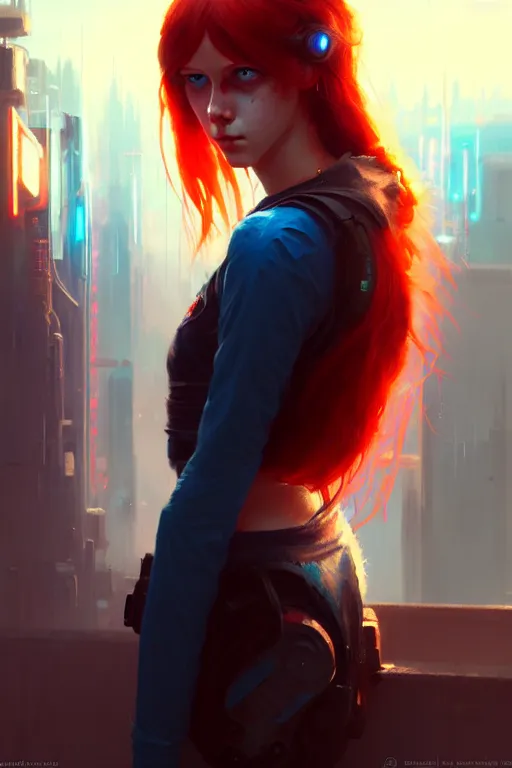 Image similar to a young tall, slender girl, with fiery red hair and bright blue eyes, hyperrealistic face, beautiful eyes, fantasy art, in the style of greg rutkowski, intricate, hyperdetalized, smooth, cyberpunk, tech